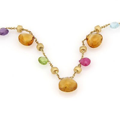 MarcoBicego 18K Yellow Gold Multi Color Gemstone: This authentic Marco Bicego necklace is finely crafted from solid 18k yellow gold. It features various multi colored gemstones. It is fully signed with Marco Bicego and the gold content. DETAILS Mater