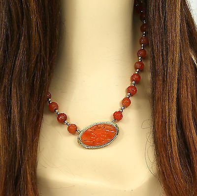 VINTAGE 14K YELLOW GOLD HAND-CARVED CARNELIAN CAMEO &: This is a vintage 14k yellow gold hand-carved carnelian cameo and beads ladies necklace. The piece composed of beautiful hand-carved carnelian beads with a floral styled design strung together and ado