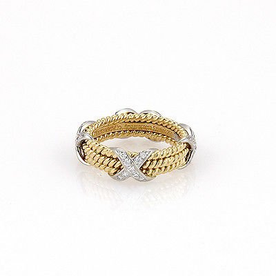 Tiffany & Co. Schlumberger Rope Three Row X Ring Size -: This authentic Schlumberger piece is finely crafted from solid 18k yellow gold and platinum. It features Tiffany's ever so popular 3 row diamond X design. It is fully signed Tiffany & Co., Schlumberge