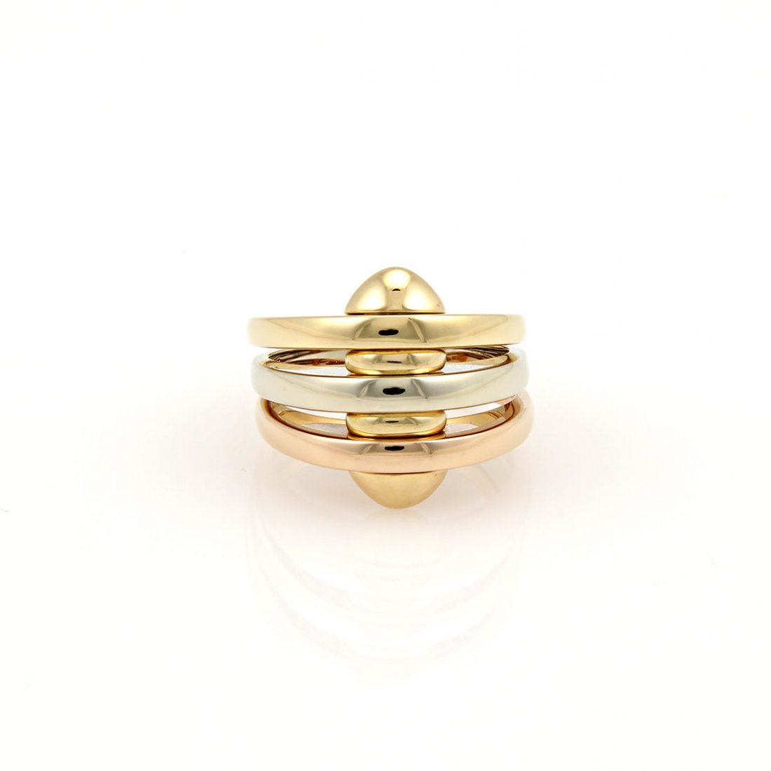 BVLGARI BULGARI 18K TRI COLOR GOLD 3 BAND DESIGNER RING: THIS AUTHENTIC BVLGARI RING IS FINELY CRAFTED FROM SOLID 18K YELLOW, WHITE, AND ROSE GOLD. IT FEATURES A GORGEOUS TRI COLOR MULTI BAND DESIGN WHICH LOOKS ABSOLUTELY STUNNING ON THE FINGER. THE 3 BANDS