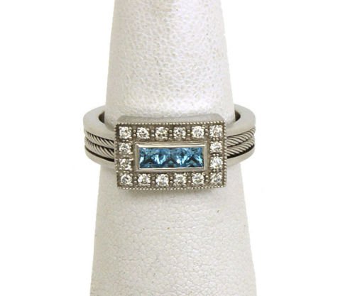 DESIGNER PHILIPPE CHARRIOL 18K WHITE GOLD DIAMONDS &: This is a designer Philippe Charriol 18k white gold, diamonds and blue topaz ladies stylish band ring. The piece is well crafted in solid 18k white gold with a smooth high polished finish adorned with