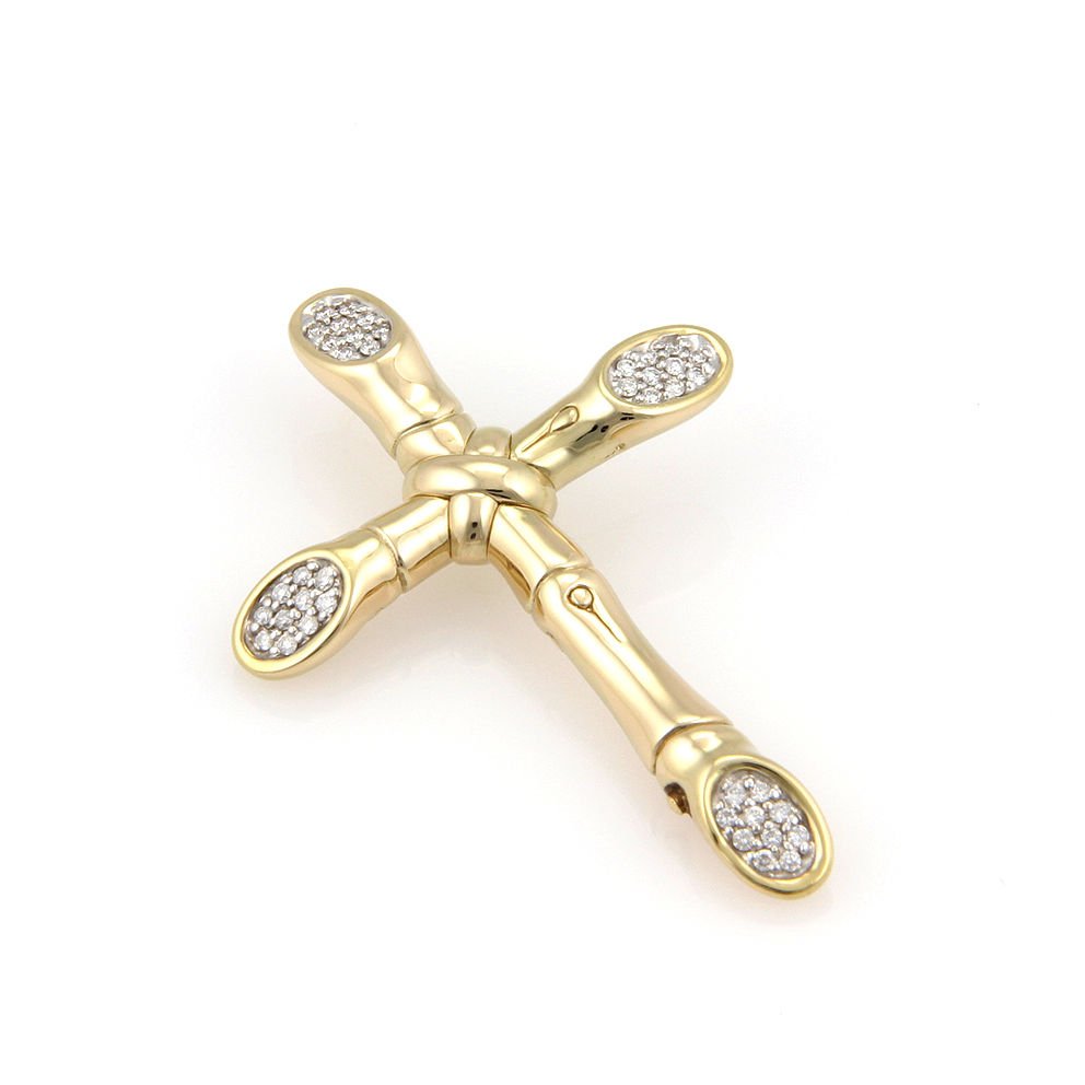 John Hardy 18K Yellow Gold Bamboo Diamond Cross Pendant: This authentic John Hardy piece is finely crafted from solid 18k yellow gold. Itcomes from Hardy's ever so popular Bamboo collection and looks absolutely gorgeous when worn. It is fully signed with Ha