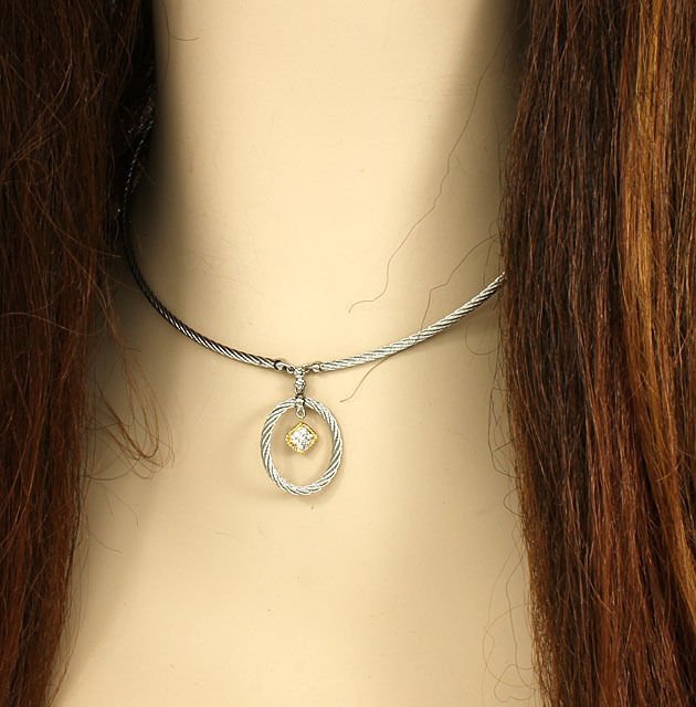 NEVER WORN PHILIPPE CHARRIOL S. STEEL, 18K GOLD &: This is a never worn designer Philippe Charriol stainless steel, 18k gold and diamonds ladies spiral cable necklace. The piece is exquisitely crafted in solid stainless steel with a smooth high polish