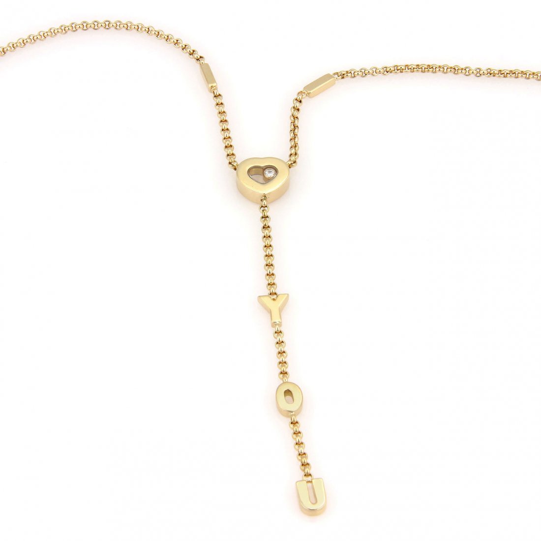 Chopard 18K Yellow Gold Happy Diamonds I Love You: This authentic Chopard piece is finely crafted from solid 18k yellow gold. It comes from Chopard's ever so popular Happy Diamonds collection and looks absolutely gorgeous on the neck. It is fully sign