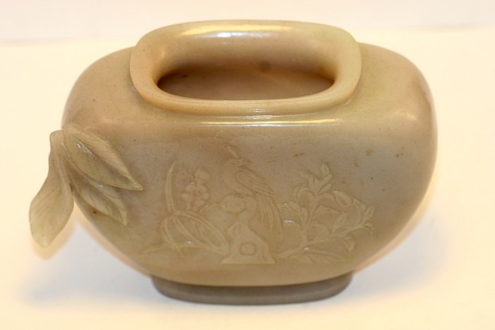 FAT JADE OPEN VASE: ANTIQUE MUTTON FAT JADE OPEN VASE WITH LEAF DESIGN - 4 X 5"