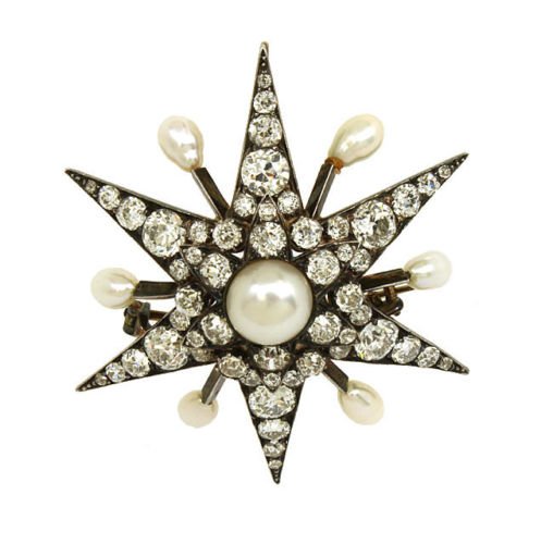 STUNNING ANTIQUE 14K, 7.5 CTS OLD MINE DIAMONDS &: This is a stunning antique 14k gold, old mine diamonds and pearls ladies star pin/brooch pendant. The piece is exquisitely crafted in solid 14k yellow gold with a smooth polished finish and nice star 