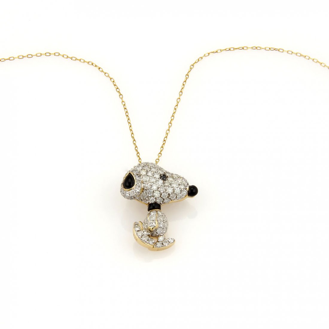 Estate 18K Yellow Gold Pave Diamond Snoopy Pendant: This beautiful piece is finely crafted from solid 18k yellow gold. It features an adorable Snoopy design along with sparkling pave diamonds and enamel. It is stamped with the gold content. Material: S