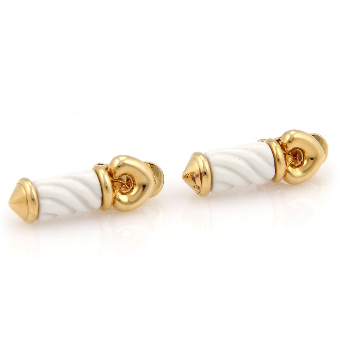 Bvlgari Bulgari 18K Yellow Gold & White Ceramic Drop: These authentic Bvlgari earrings are finely crafted from solid 18k yellow gold and white ceramic. They feature a beautiful dangle design which looks absolutely gorgeous on the ear. They are fully sign