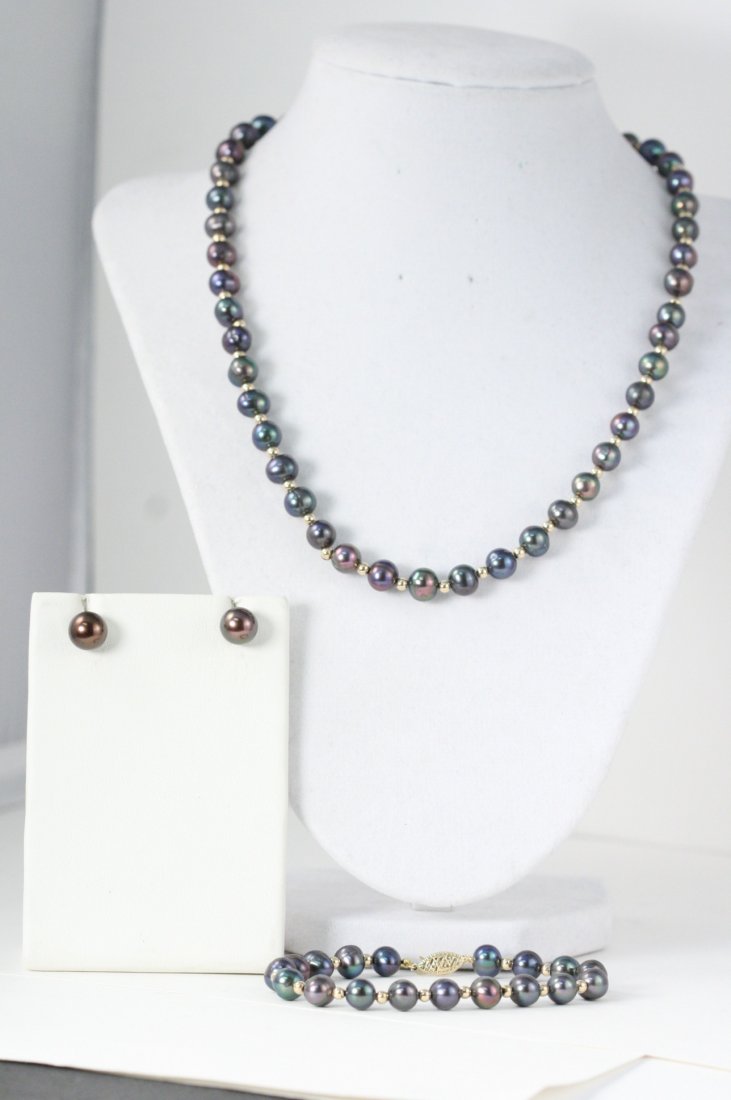 3 PIECE SILVER & GOLD PEARL SET: 3 PIECE SILVER PEARL SET WITH ALL 14K GOLD CLASPS AND BALLS. THE PEARLS ARE 6MM ROUNDS. STUNNING SET WITH NECKLACE - BRACELET AND EARRINGS.