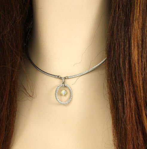 NEVER WORN PHILIPPE CHARRIOL S. STEEL, 18K GOLD &: This is a never worn designer Philippe Charriol stainless steel, 18k gold and diamonds ladies spiral cable necklace. The piece is exquisitely crafted in solid stainless steel with a smooth high polish