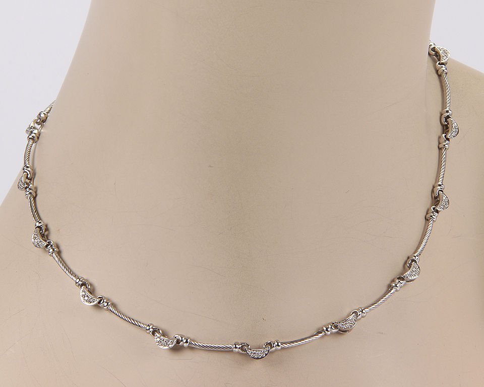 Philippe Charriol 18K White Gold Diamond Moon and Cable: This authentic Philippe Charriol piece is finely crafted from solid 18k white gold. It features little diamond moon shaped links along with cable bars which look absolutely beautiful when worn. It is