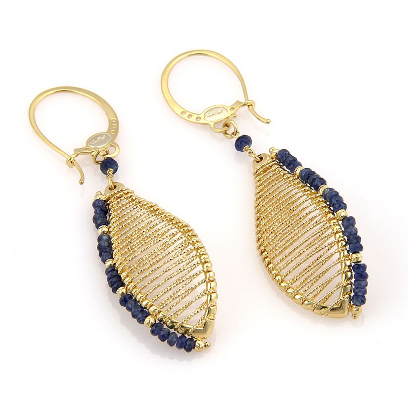 Designer Sun Day 18K Yellow Gold 9ct Sapphire Fashion: These gorgeous earrings are finely crafted from solid 18k yellow gold. They feature a unique dangle design along with sapphires which look stunning on the ear. They are fully signed with Sun Day, the