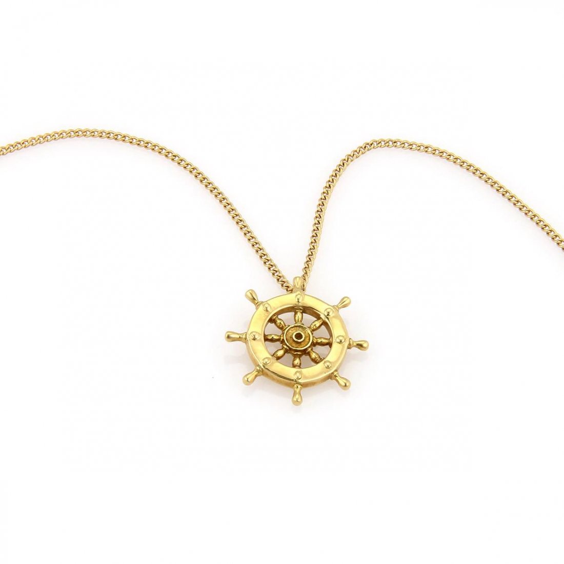 Rare Vintage Tiffany & Co. Ralph Lauren 18K YG Nautical: This authentic Tiffany & Co. / Ralph Lauren piece is finely crafted from solid 18k yellow gold. It features a very well done boating helm pendant along with a 20" long chain which fastens with a sprin