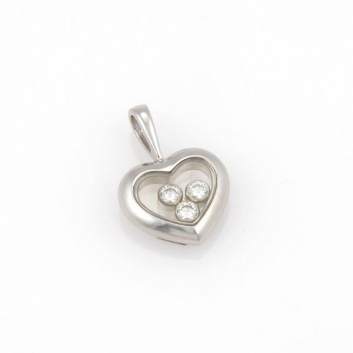 Chopard 18K White Gold Happy Diamonds 3 Diamond Heart: This authentic Chopard piece is finely crafted from solid 18k white gold. It comes from Chopard's ever so popular Happy Diamonds collection. It features 3 spinning diamonds encased inside of a 3 dimen