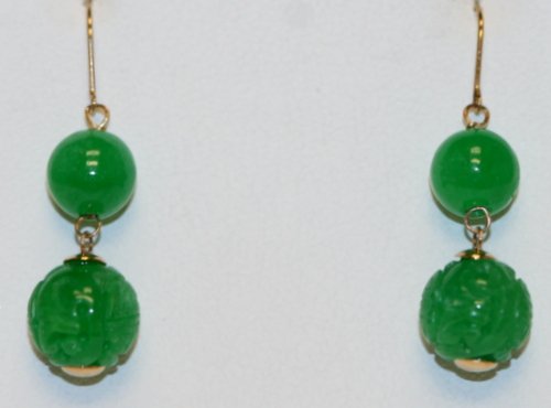 JADE AND 14K Y/ GOLD DROP EARRINGS: STUNNING JADE AND 14K Y/ GOLD DROP EARRINGS. EACH EARRING HAS 2 ROUND JADE BALLS , SET WITH 14K Y/GOLD. APPX 1" LONG.