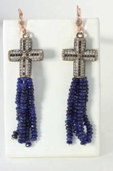 NATURAL BLUE SAPPHIRE DROP EARRINGS WITH MULTI COLORED: NATURAL BLUE SAPPHIRE DROP EARRINGS WITH MULTI COLORED CZ COVERED CROSSES