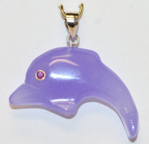 LAVENDER JADE DOLPHIN PENDANT: LOVELY LAVENDER JADE DOLPHIN PENDANT WITH RUBY EYE. THIS PENDANT IS SET WITH STERLING SILVER.
