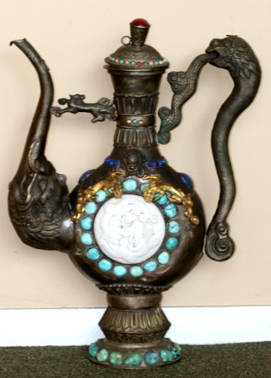 Vintage Mongolian Pewter Urn Encrusted: Vintage Mongolian Pewter Urn Encrusted with Large White Jade Discs, and Turquoise Jewelled with Lapis Lazuli, Coral, amethyst - Approx - 17" x 12".