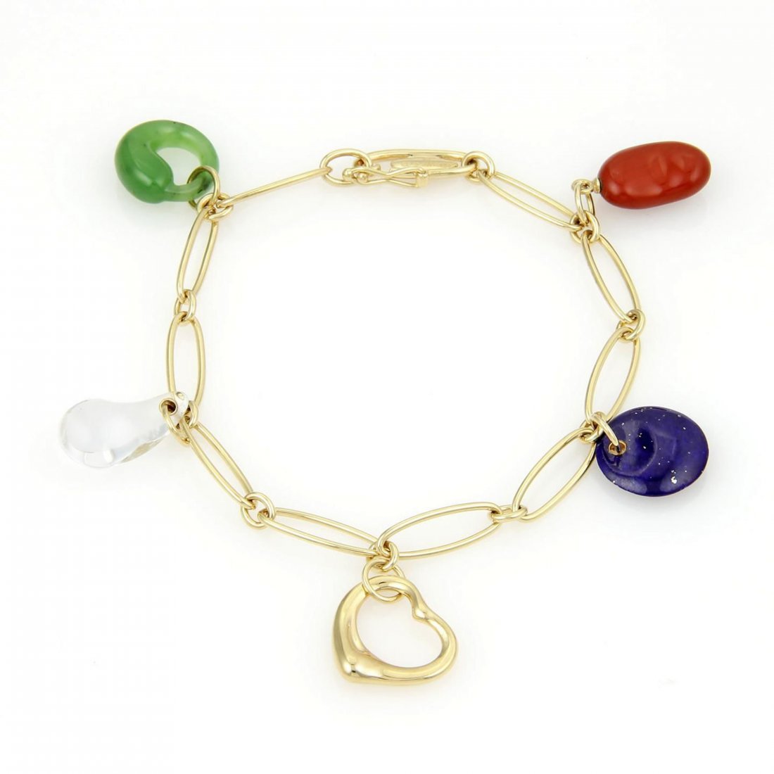 Tiffany & Co. Elsa Peretti 18k Yellow Gold Multi-Color: A beautiful and elegant yellow gold Tiffany & Co. bracelet is designed by Elsa Peretti. Here you can wear five of Peretti's most beloved icons at once. It is an elegant piece crafted in solid 18k yell