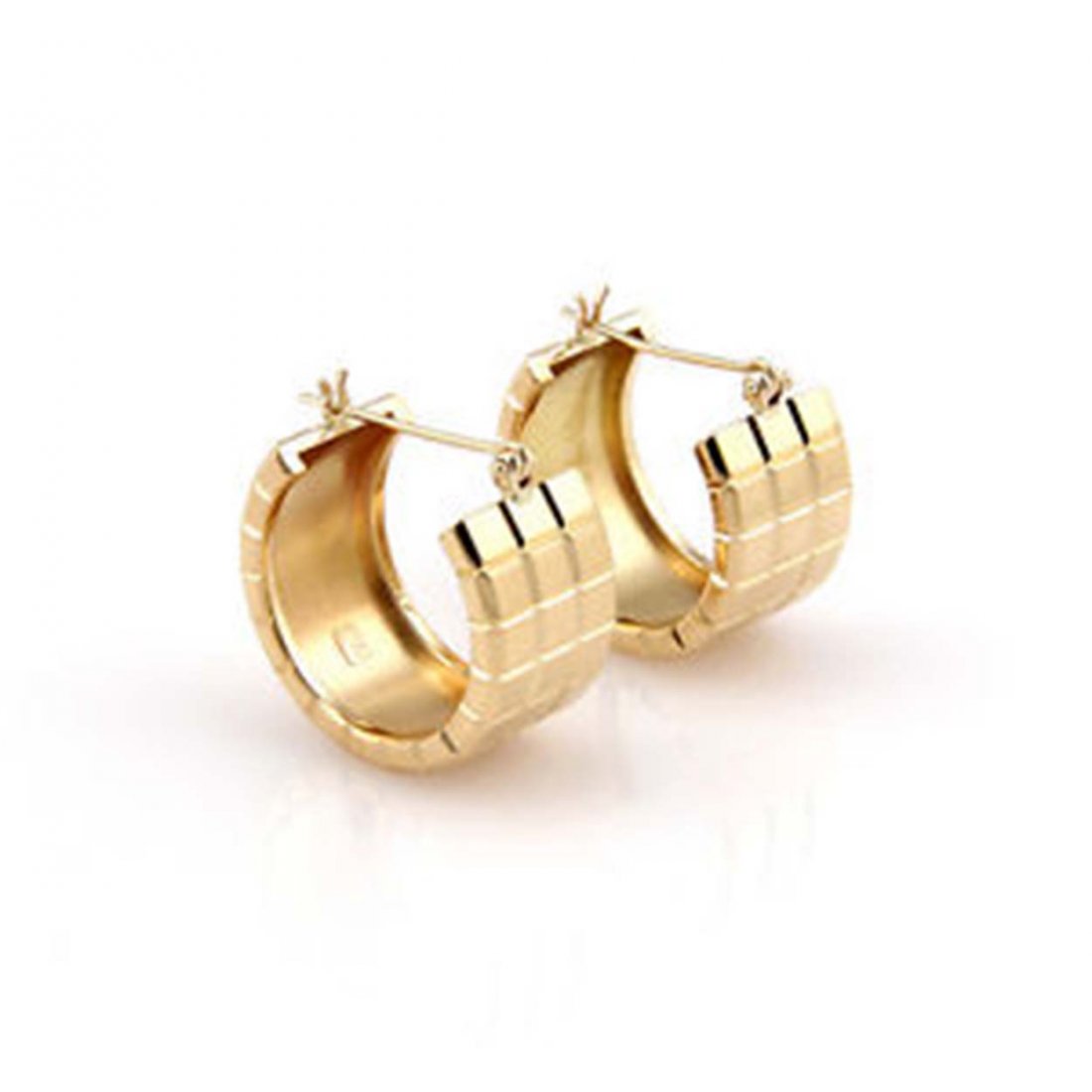 Chopard 18K Yellow Gold 12mm Wide Designer Hoop: These authentic Chopard earrings are finely crafted from solid 18k yellow gold. They feature a unique square pattern which looks absolutely gorgeous on the ear. They are fully signed with Chopard, the