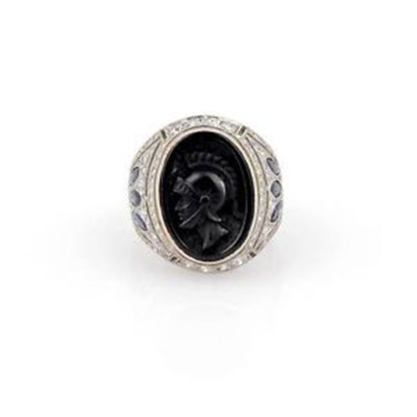 Platinum Art Deco Diamond Sapphire and Onyx Cameo Ring (1 of 1)