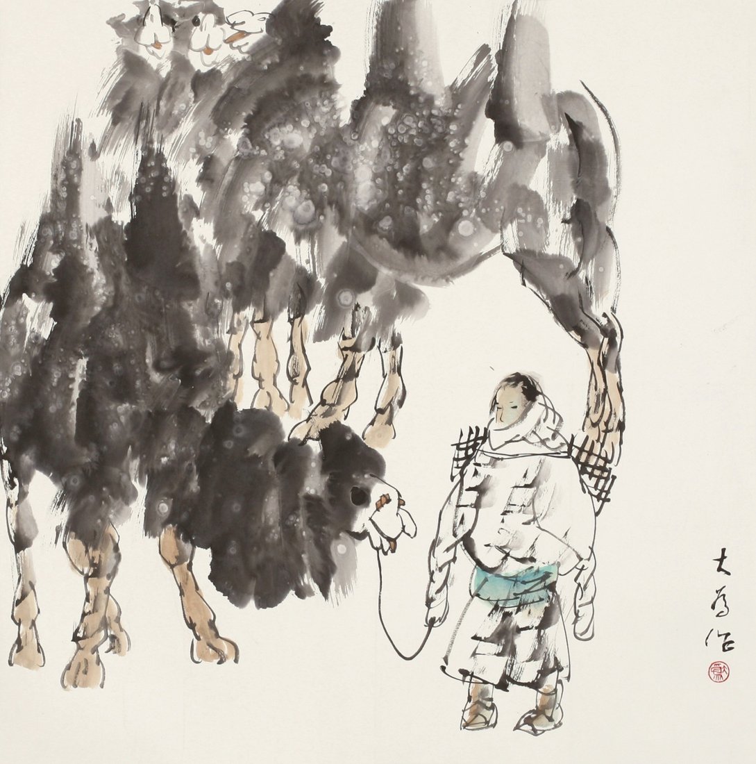 Very fine Chinese mounted painting attributed to: Attributed to Liu Dawei(born 1945) ink and color on paper depicting a person coming back,dated the beginning of summer Ji Mao year(1999),inscribed and signed with two seals of the artist,27 1/8?27 1/8