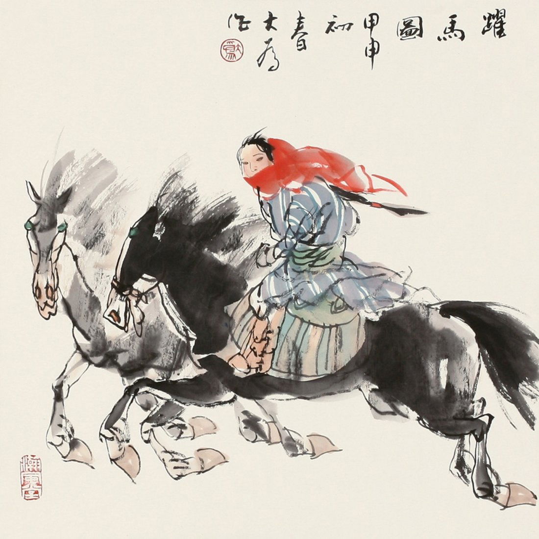 A very fine painting by Liu Dawei: Attributed to Liu Dawei (B.1945) mounted ink and color on the paper depicting prancing horses,dated:early spring Jia Shen year(2004),inscribed and signed with two seals of the artist,a part of collect