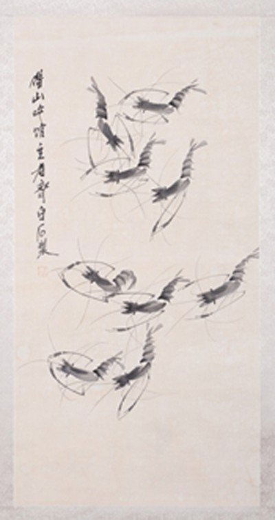 1590: CHINESE SCROLL PAINTING BY QI,BAISHI: QI,BAISHI,1864-1957.LONG WATERCOLOR PAINTING TO SCROLL DEPICTING A SHOAL OF SHRIMP. SIGNED AND A SEAL MARK IN UL. 38"Hx19"W.)