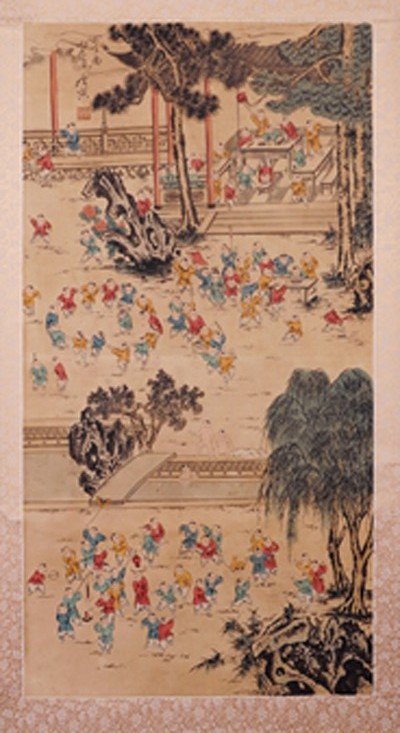 1591A: CHINESE SCROLL PAINTING BY TANG,YIN: TANG,YIN,1470-1523. LONG WATERCOLOR PAINTING TO SCROLL DEPICTING A HUNDRED KIDS SCENE. SIGNED AND A SEAL MARK IN UL. 47"Hx24.5"W.)
