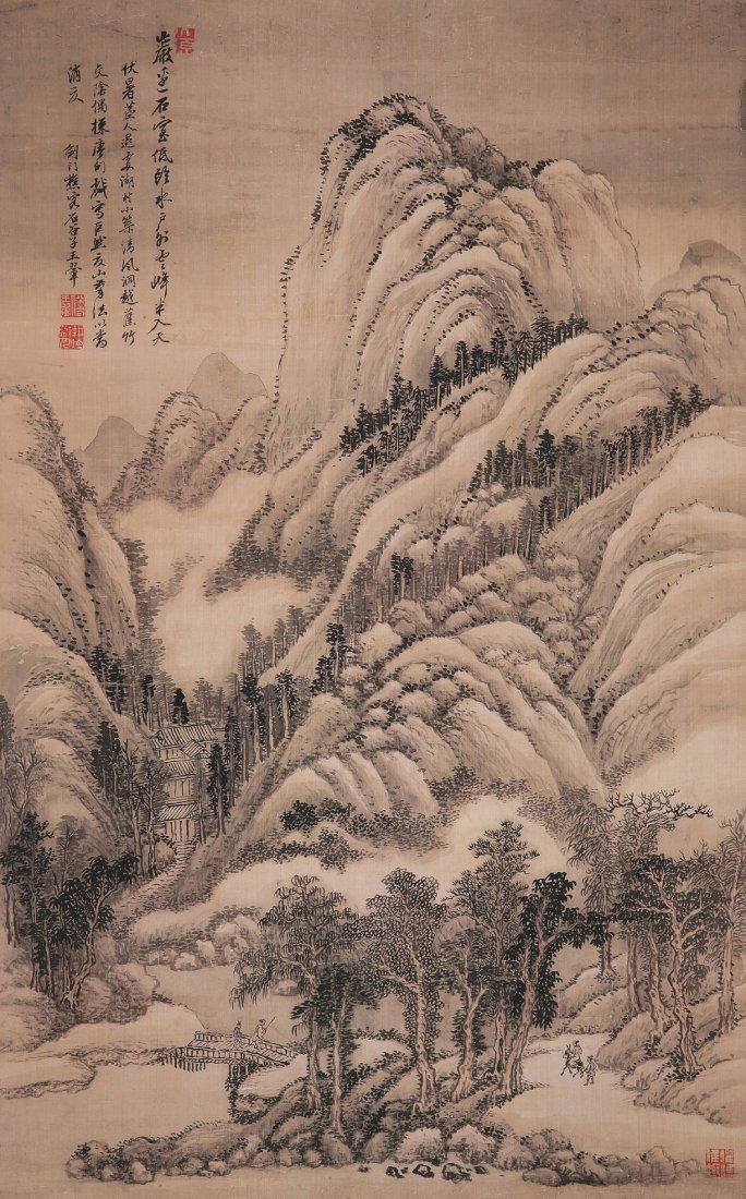Fine Chinese painting by wang Hui: Ink and color on paper by Wang Hui to depict landscape of mountains, trees ,water,houses and people.Inscribed and signed with 4 seal marks. 19.6"X32.2".