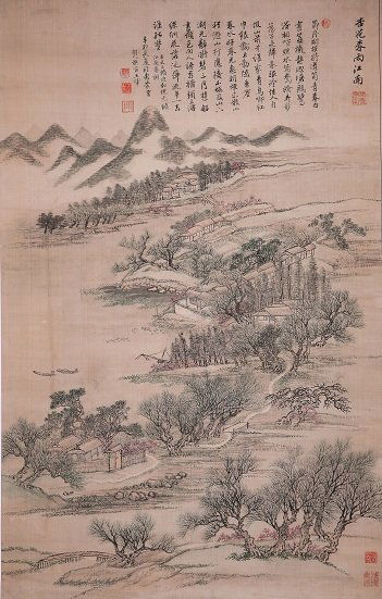 A very fine Chinese painting by Wang Hui: Ink and color on paper by Wang Hui to depict landscpe of mountains, houses, trees and sailing boats on water,inscribed and signed with 2 seal marks.19.6"32.2".