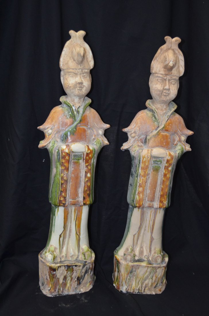 Tang Sancai: Pottery, Tang Sancai,7-10th Century A.D.Two court Officers, H 24",private collection of a senior citizen from Ohio,seller gaurantees that it is not a reproduct,with him for more than 20 years