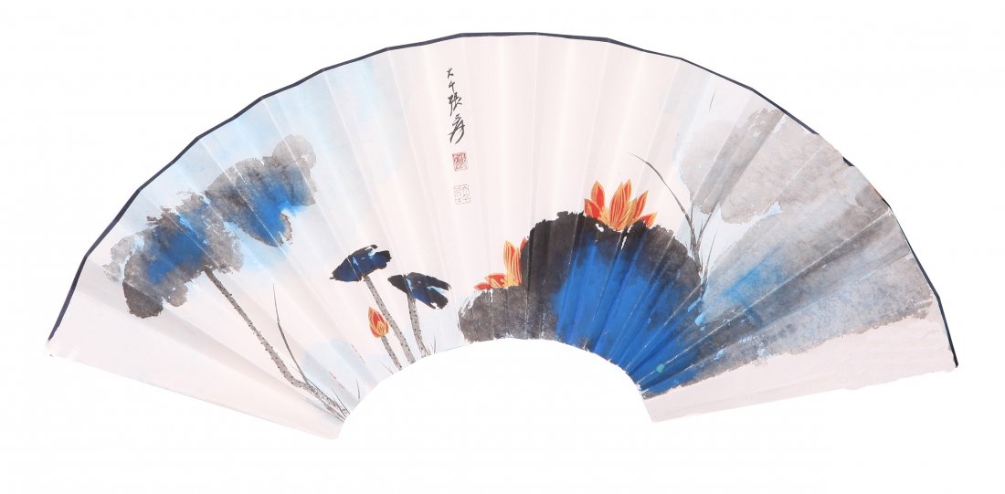 Fan painting by Zhang Daqian: A very fine painting by Zhang Daqian, depicting a colorful painting of water lillies,53"x13". Inscribed and signed with 2 seal marks,Private collection of a senior collecctor from Michigan.