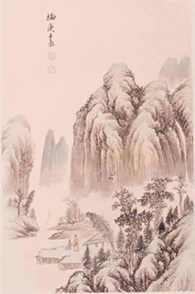 CHINESE SCROLL PAINTING BY MEI,GENG: MEI,GENG,LIVED IN QING DYNASTY. LONG WATERCOLOR PAINTING TO SCROLL DEPICTING A MOUNTAIN RIVERSIDE SCENE WITH TWO FIGURES. SIGNED AND TWO SEAL MARKS IN UL. 25"Hx16.5"W.)