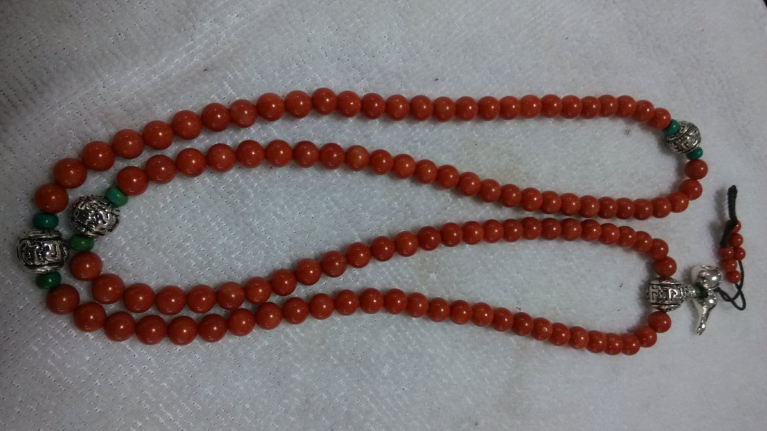 Taiwan coral beads: Taiwan coral 108 beaded prayer chain with silver beads