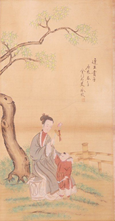 CHINESE SCROLL PAINTING BY LENG MEI: LENG MEI, LIVED IN THE QING DYNASTY. LONG WATERCOLOR PAINTING TO SCROLL DEPICTING A MOTHER AND SON SCENE. SIGNED AND A SEAL MARK IN UR.35.5"Hx18.5"W.)