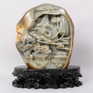 1080: VERY FINE CHINESE CARVED JHETIAN ZI ADE BOULDER: FINELY CARVED BOULDER WITH SOME OF RUSSET SKIN. TO SHOW A CHINESE FAIRY TALE OF LADY FLYING TO THE MOON, WITH BACKGOUND OF BUILDINGS, TREES, ANIMALS AND MOUNTAINS.