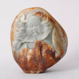 1088: CHINESE CARVED HETIAN ZI JADE: CARVED HETIAN ZI JADE WITH RUSSET SKIN, TO DEPICT ZHONGGUI'S FACE