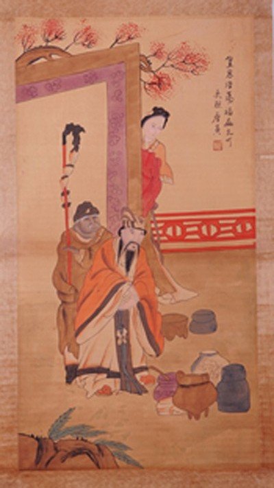 1221: CHINESE SCROLL PAINTING BY TANG,YIN: TANG,YIN,1470-1523. LONG WATERCOLOR PAINTING TO SCROLL DEPICTING TWO MEN STANDING BEFORE THE SCREEN AND A LADY SHYLY STANDING BEHIND IT. SIGNED AND A SEAL MARK IN UR. 35"Hx5"W.)