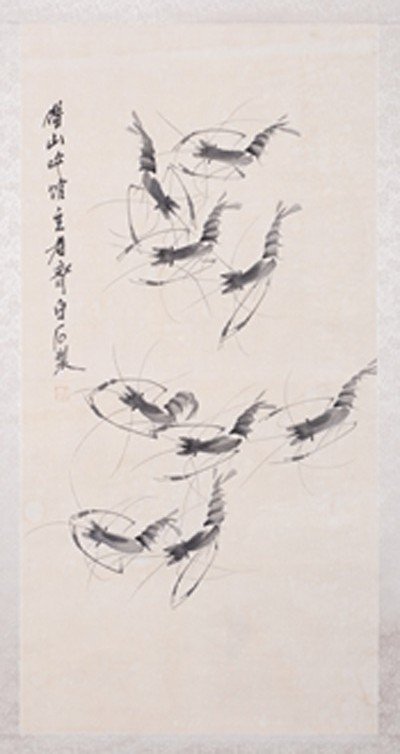 1590: CHINESE SCROLL PAINTING BY QI,BAISHI: QI,BAISHI,1864-1957.LONG WATERCOLOR PAINTING TO SCROLL DEPICTING A SHOAL OF SHRIMP. SIGNED AND A SEAL MARK IN UL. 38"Hx19"W.)