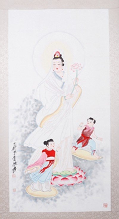 1592A: CHINESE SCROLL PAINTING BY ZHANG,DAQIAN: ZHANG,DAQIAN,1899-1983.LONG WATERCOLOR PAINTING TO SCROLL DEPICTING THE PORTRAIT OF KWAN-YIN WITH GOLDEN BOY AND JADE GIRL. SIGNED AND A SEAL MARK IN DL. 51.5"Hx25.5"W.)