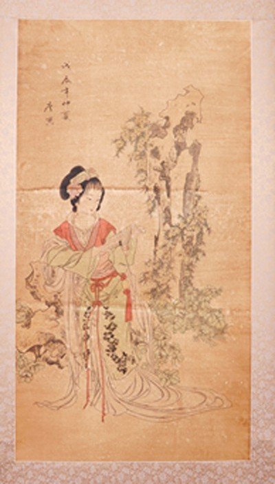 1593A: CHINESE SCROLL PAINTING BY TANG,YIN: TANG,YIN,1470-1523. LONG WATERCOLOR PAINTING TO SCROLL DEPICTING THE PORTRAIT OF A LADY. SIGNED AND A SEAL MARK IN UL. 46"Hx24.5"W.)