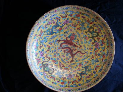 Large Qing dynasty plate: Chinese, very large Qing dynasty plate depicting dragon carvings in sideprivate collection from Bloomfield hills , Michigan, Seller gaurantees it not a reproduct,Dia 20", H 5"