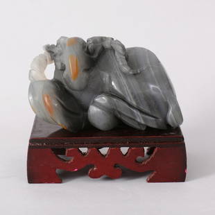 1084: CHINESE HETIAN JADE CARVING OF SHEEP: VERY FINE HETIAN ZI JADE CARVING COME WITH WOOD STAND.