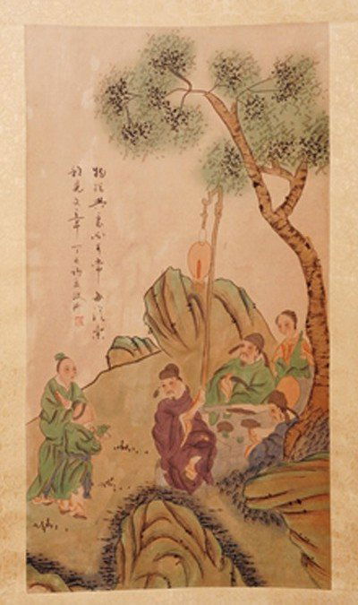 1361: CHINESE SCROLL PAINTING BY GAI,QI: GAI,QI,1773-1828,LONG WATERCOLOR PAINTING TO SCROLL DEPICTING PEOPLE HAVING A DRINK OF TEA UNDER A TREE AT NIGHT. SIGNED AND A SEAL MARK IN ML. 33.5"Hx18"W.)