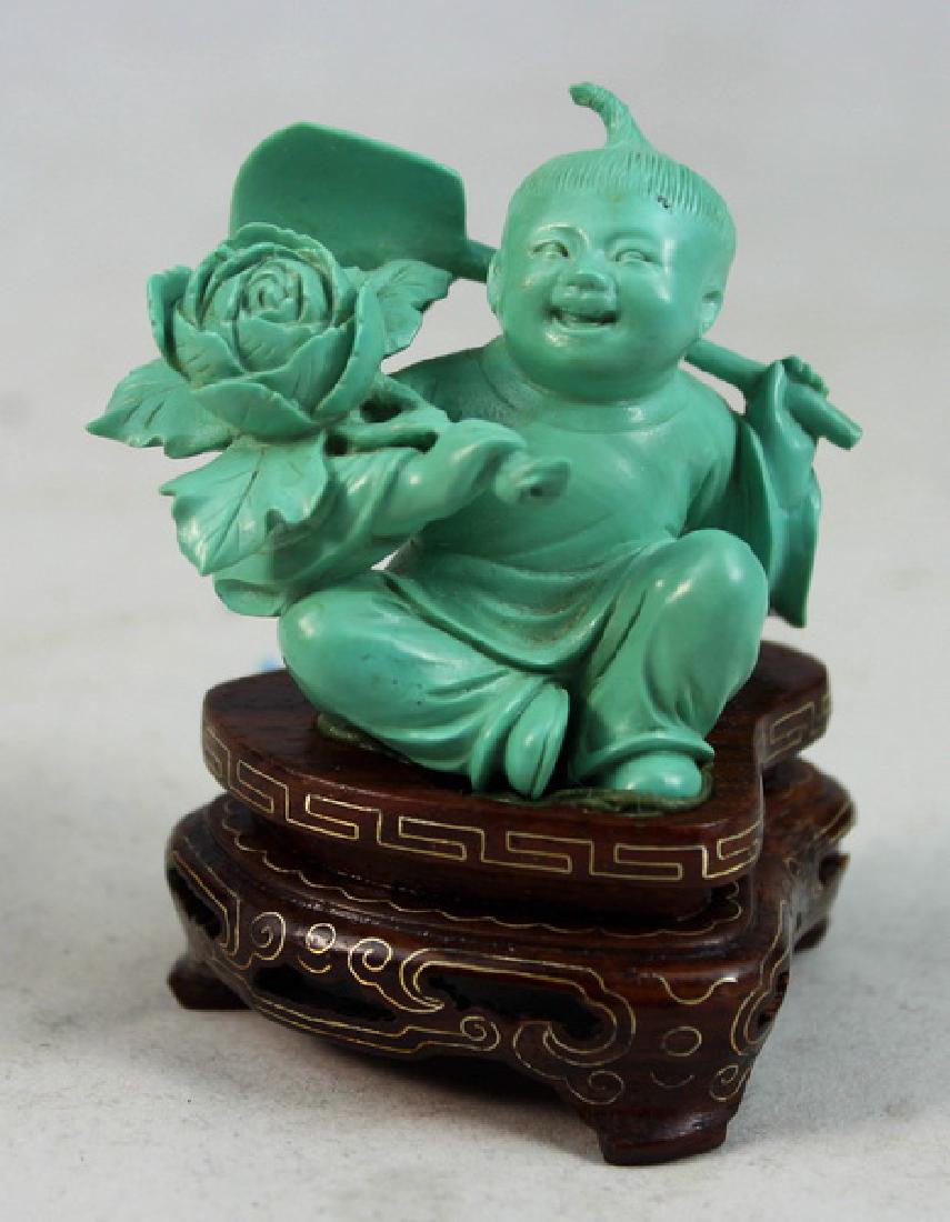Chinese Carved Turquoise Statue w.Wood Base (1 of 8)