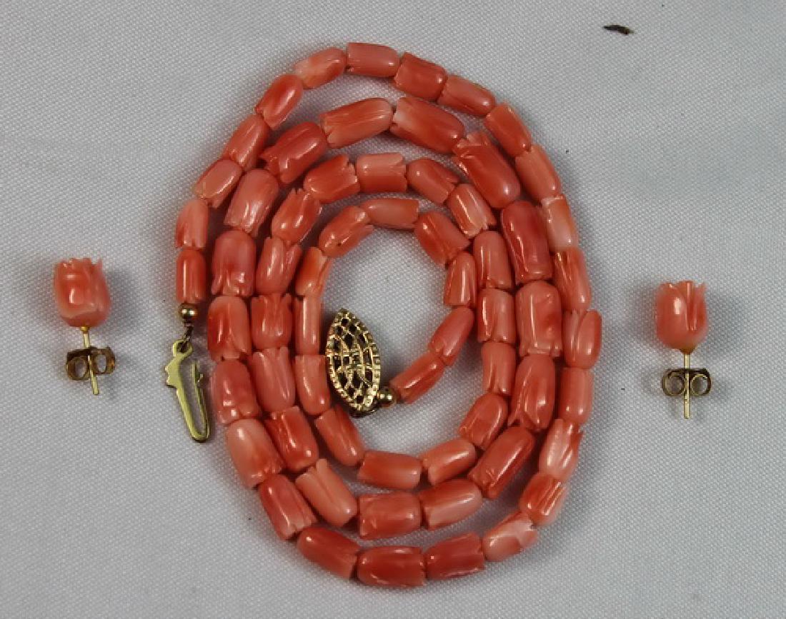 Vintage Carved Natural Coral Bead Necklace & Earrings (1 of 5)
