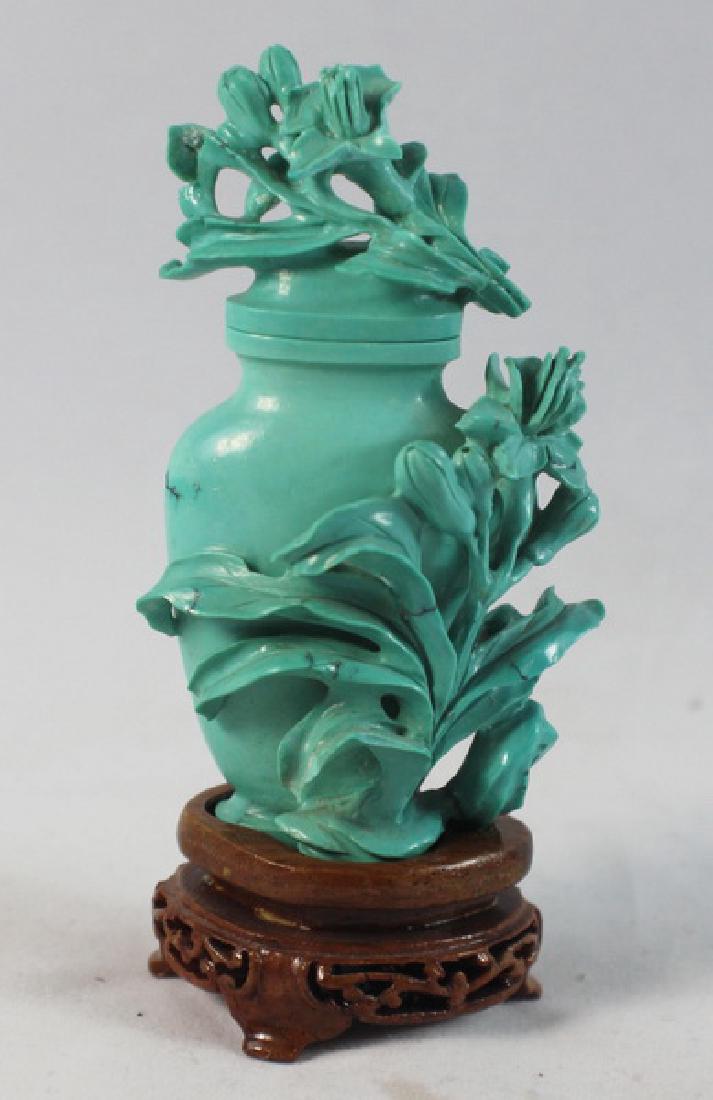 Chinese Carved Turquoise Vase w.Wood Base (1 of 8)