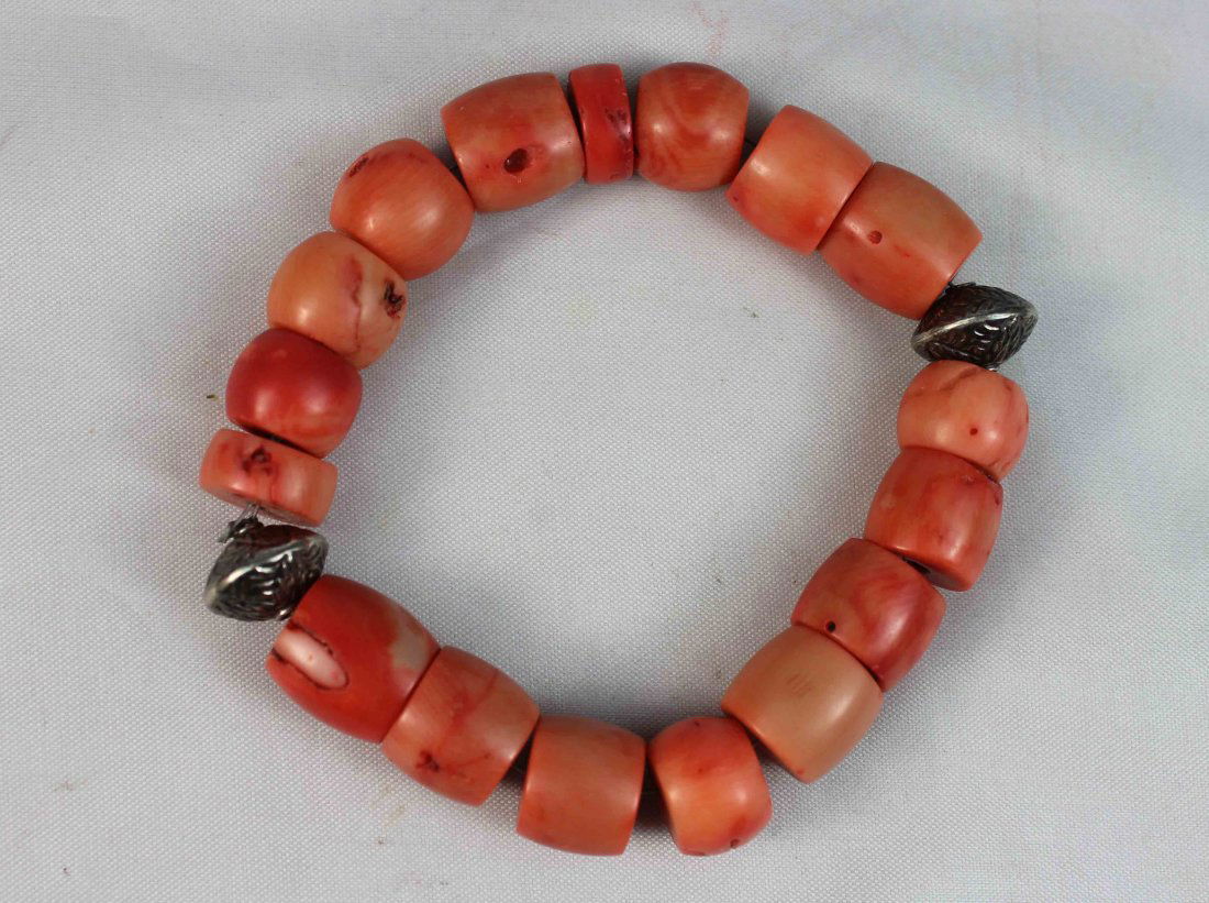 Carved Natural Coral Bead & Silver Bracelet (1 of 6)