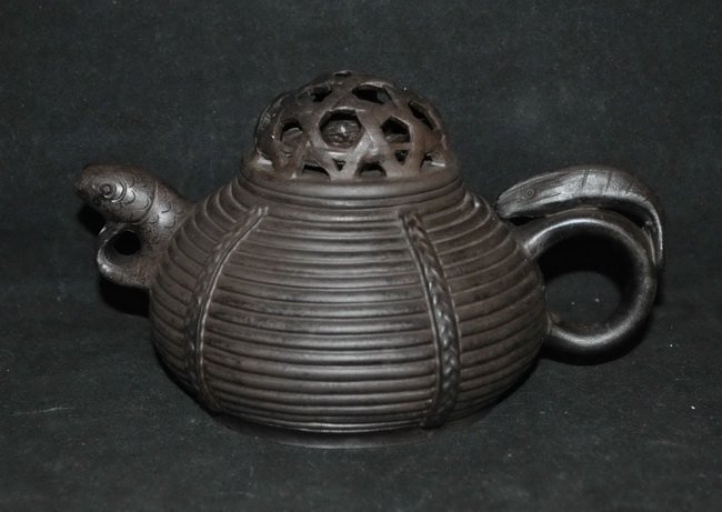 Chinese Dark-red Enameled Pottery Teapot: 4” X 6.5” X 4.5”